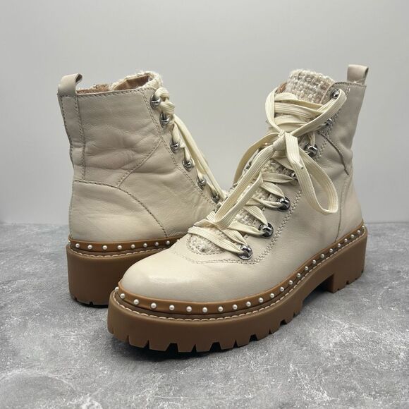 Steve Madden Cream Leather Rainier Platform Boot Size 8.5 M Pearl Accent Lace Up - Picture 2 of 12